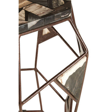 Orsina Relic Side Table – Dark Petrified Wood & Brass Geometric Frame
