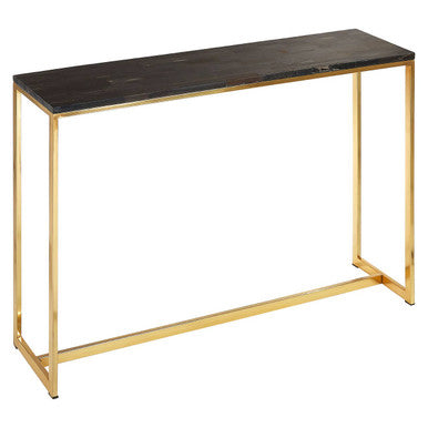 Orsina Dark Petrified Wood Console Table | Brass Geometric Frame