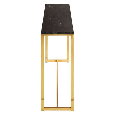 Orsina Dark Petrified Wood Console Table | Brass Geometric Frame