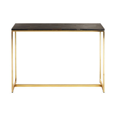 Orsina Dark Petrified Wood Console Table | Brass Geometric Frame