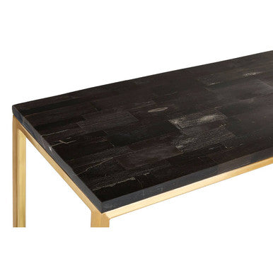 Orsina Dark Petrified Wood Console Table | Brass Geometric Frame