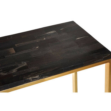 Orsina Dark Petrified Wood Console Table | Brass Geometric Frame