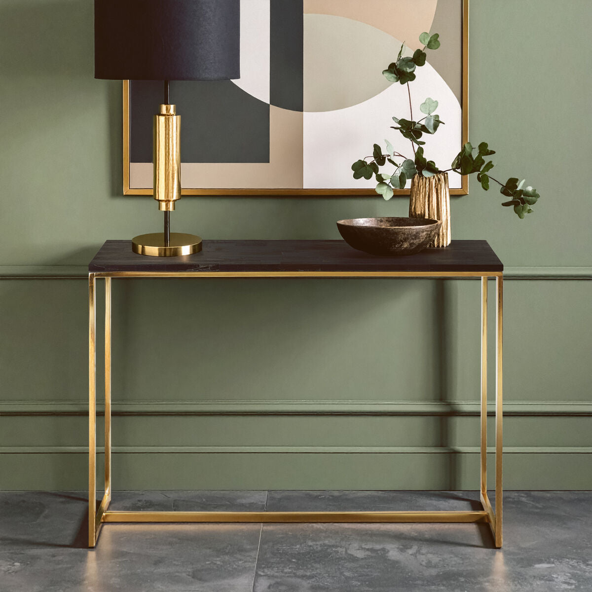 Orsina Dark Petrified Wood Console Table | Brass Geometric Frame