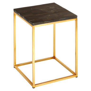 Orsina Petrified Wood Square Side Table – Black Stone & Brass Base