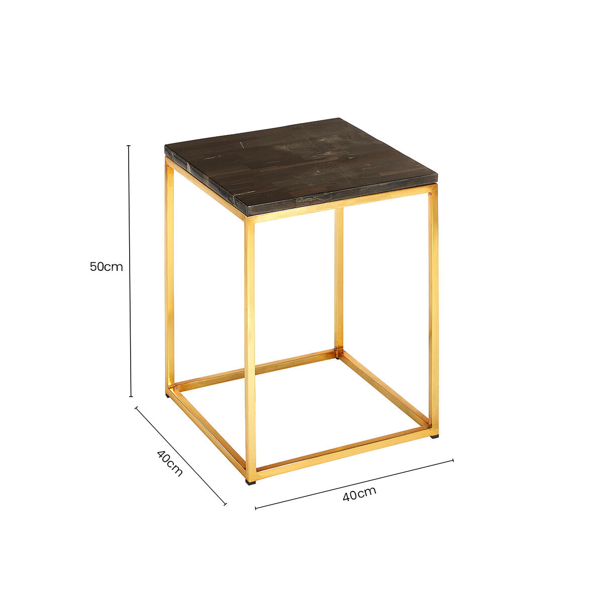 Orsina Petrified Wood Square Side Table – Black Stone & Brass Base