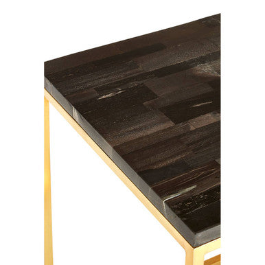 Orsina Petrified Wood Square Side Table – Black Stone & Brass Base