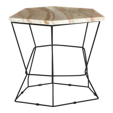 Orsina Relic Onyx Side Table – Hexagonal Stone Top with Black Base