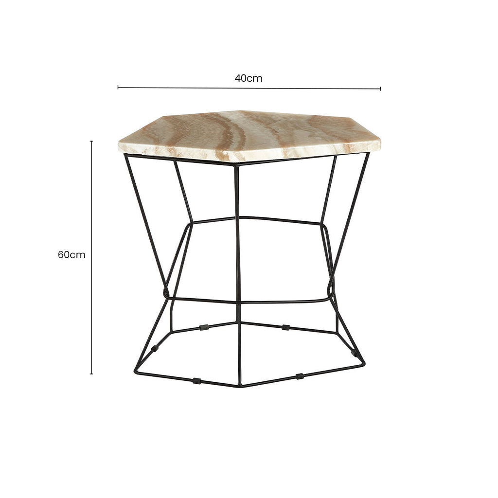 Orsina Relic Onyx Side Table – Hexagonal Stone Top with Black Base