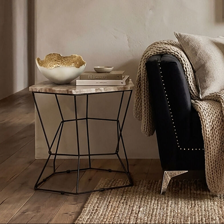 Orsina Relic Onyx Side Table – Hexagonal Stone Top with Black Base
