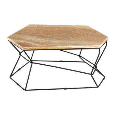 Orsina Relic Onyx Stone Coffee Table – Hexagonal Black Iron Base