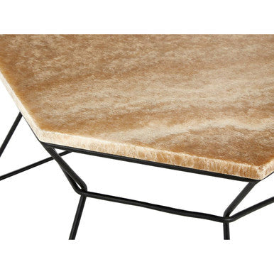 Orsina Relic Onyx Stone Coffee Table – Hexagonal Black Iron Base