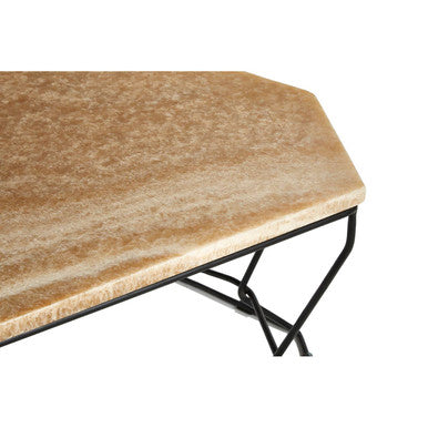 Orsina Relic Onyx Stone Coffee Table – Hexagonal Black Iron Base
