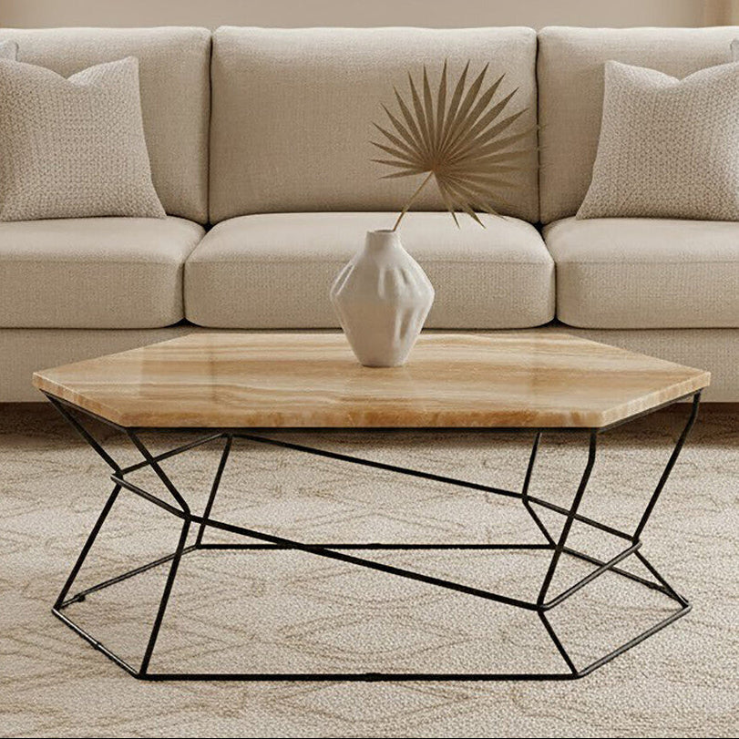 Orsina Relic Onyx Stone Coffee Table – Hexagonal Black Iron Base