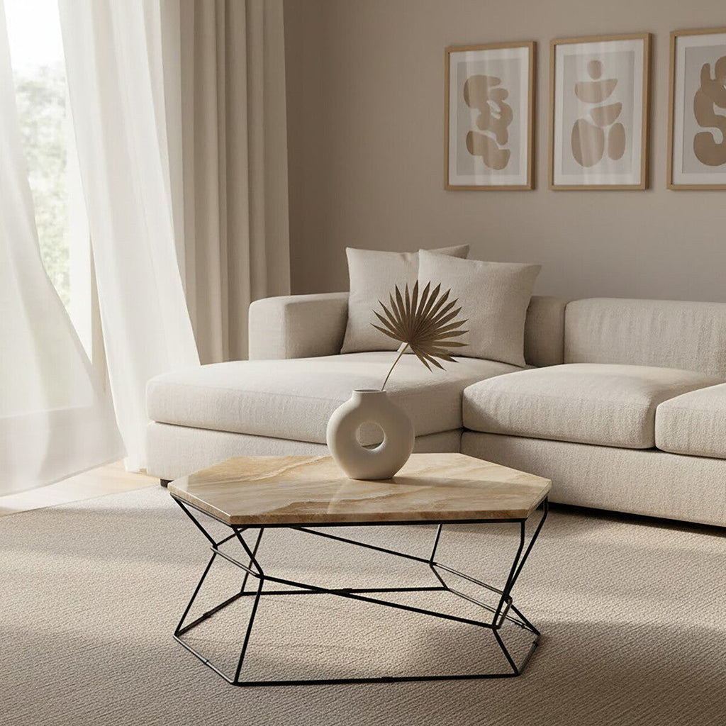 Orsina Relic Onyx Stone Coffee Table – Hexagonal Black Iron Base