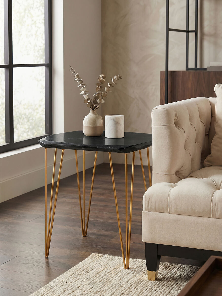 Orsina Black Marble Side Table – Rectangular Top with Gold Iron Legs