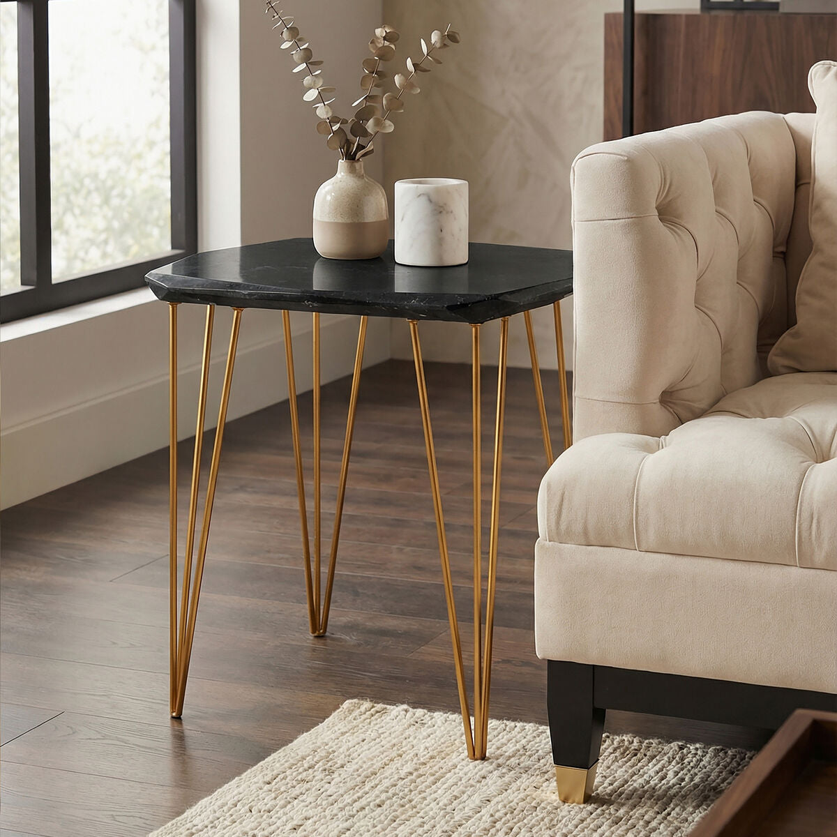 Orsina Black Marble Side Table – Rectangular Top with Gold Iron Legs