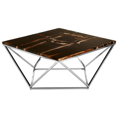 Orsina Petrified Wood Coffee Table – Square Dark Stone & Gold Base