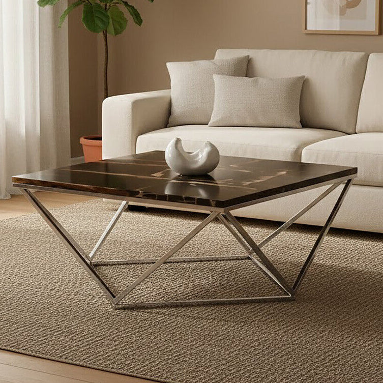 Orsina Petrified Wood Coffee Table – Square Dark Stone & Gold Base