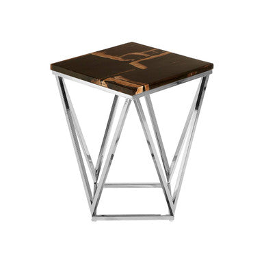 Orsina Petrified Wood Side Table – Dark Brown Stone & Gold Brass