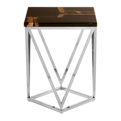 Orsina Petrified Wood Side Table – Dark Brown Stone & Gold Brass