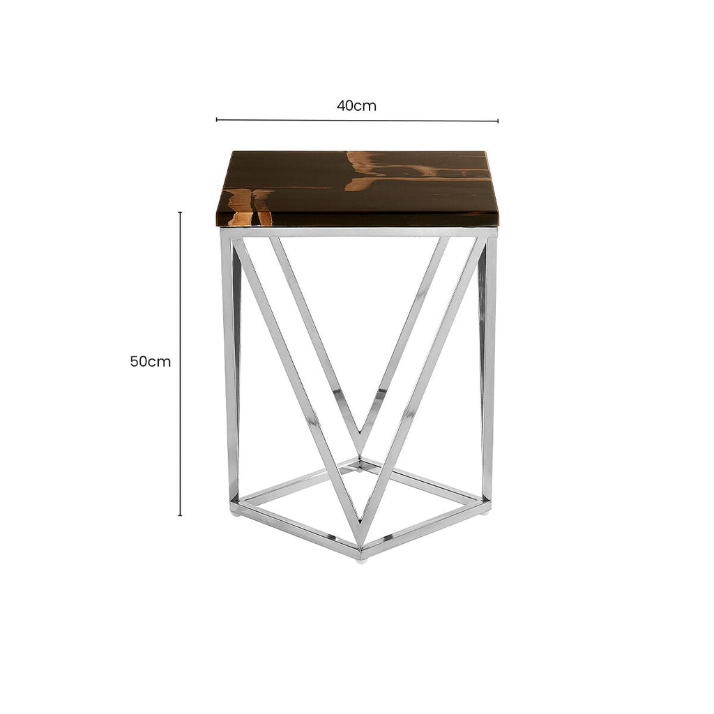 Orsina Petrified Wood Side Table – Dark Brown Stone & Gold Brass