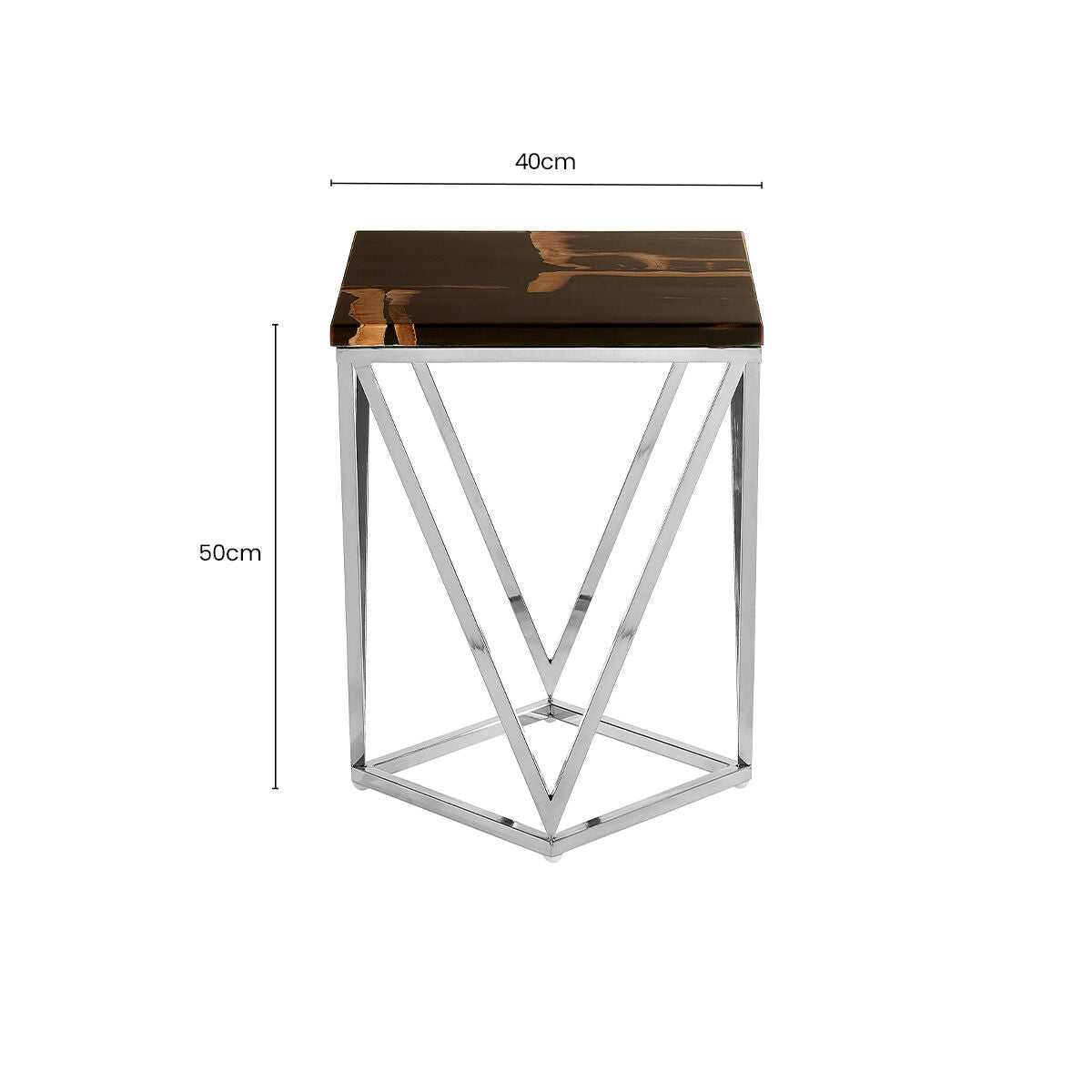 Orsina Petrified Wood Side Table – Dark Brown Stone & Gold Brass