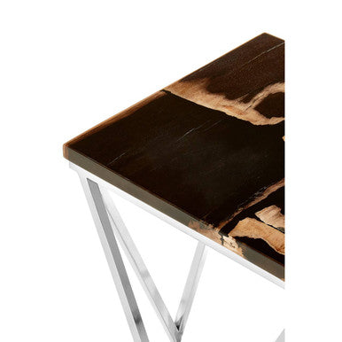 Orsina Petrified Wood Side Table – Dark Brown Stone & Gold Brass