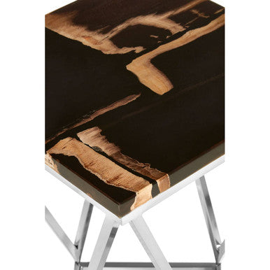 Orsina Petrified Wood Side Table – Dark Brown Stone & Gold Brass