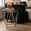 Orsina Petrified Wood Side Table – Dark Brown Stone & Gold Brass