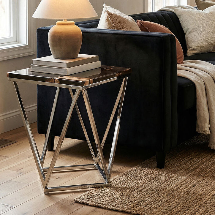 Orsina Petrified Wood Side Table – Dark Brown Stone & Gold Brass