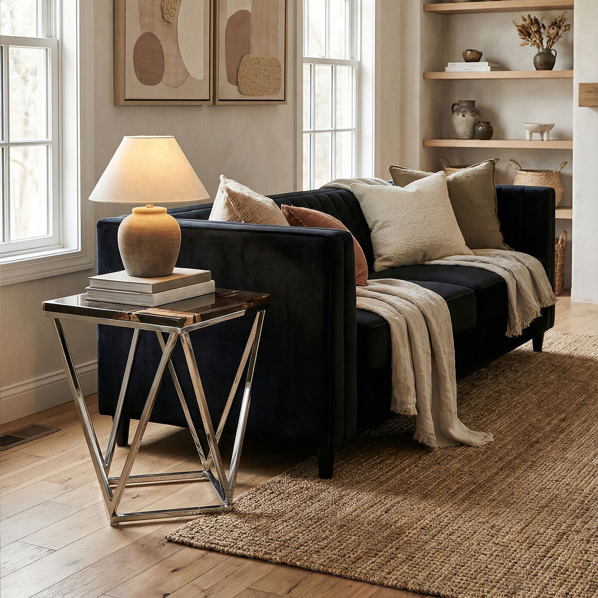 Orsina Petrified Wood Side Table – Dark Brown Stone & Gold Brass