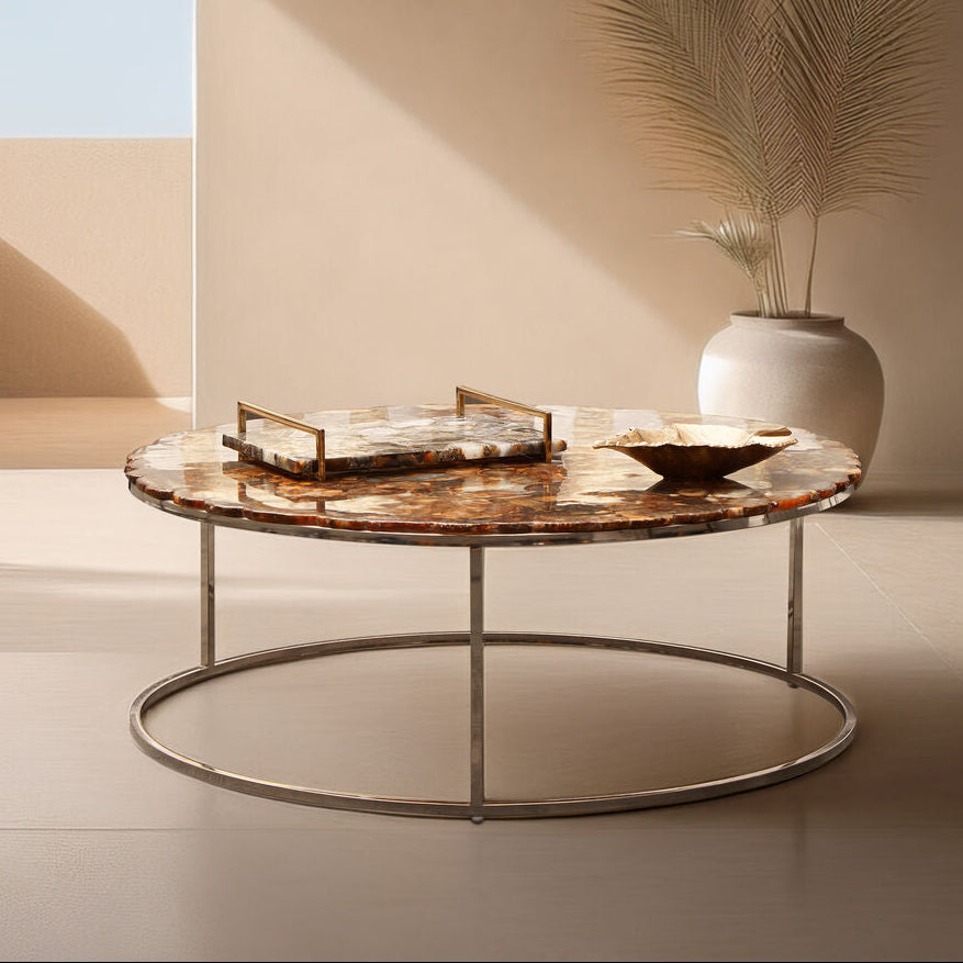 Orsina Relic Round Agate Coffee Table | Silver Stainless Steel Base