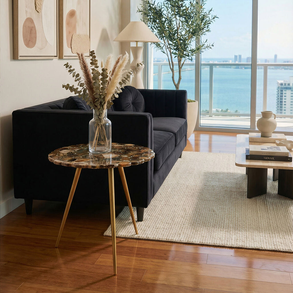 Orsina Agate Stone Side Table – Low Round Top with Brass Iron Legs