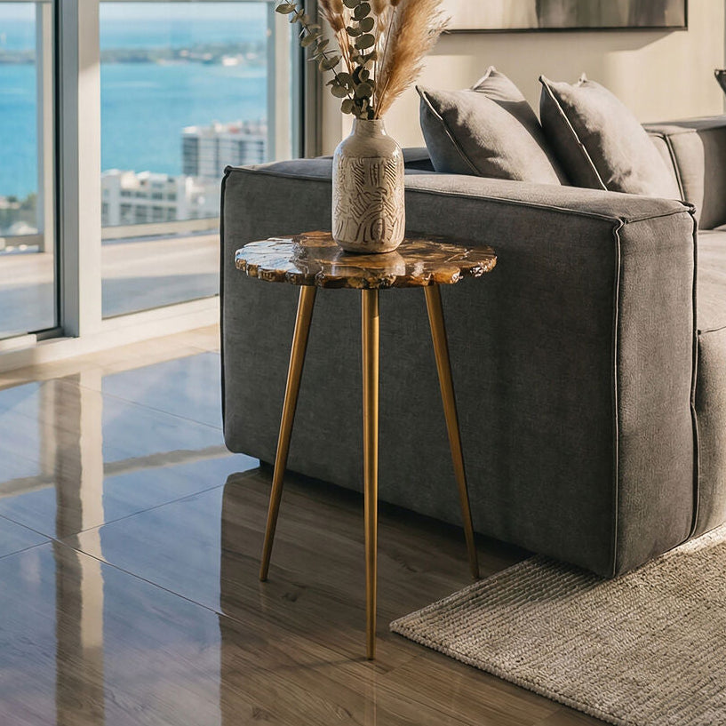 Orsina Agate Round Side Table – Natural Stone Top with Brass Legs