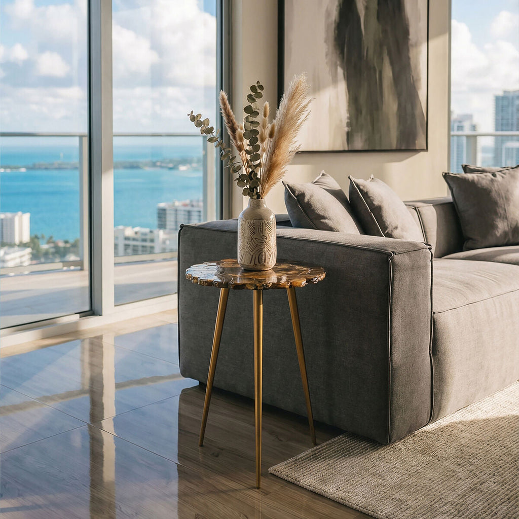 Orsina Agate Round Side Table – Natural Stone Top with Brass Legs