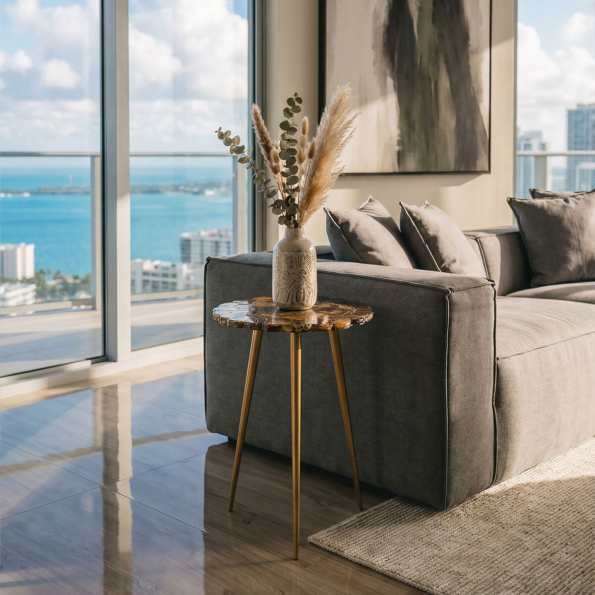 Orsina Agate Round Side Table – Natural Stone Top with Brass Legs