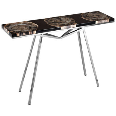 Orsina Relic Black Resin and Petrified Wood Console Table | Silver Legs