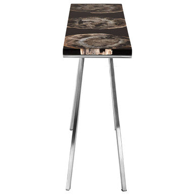 Orsina Relic Black Resin and Petrified Wood Console Table | Silver Legs