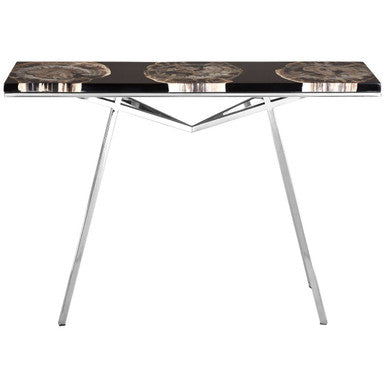 Orsina Relic Black Resin and Petrified Wood Console Table | Silver Legs