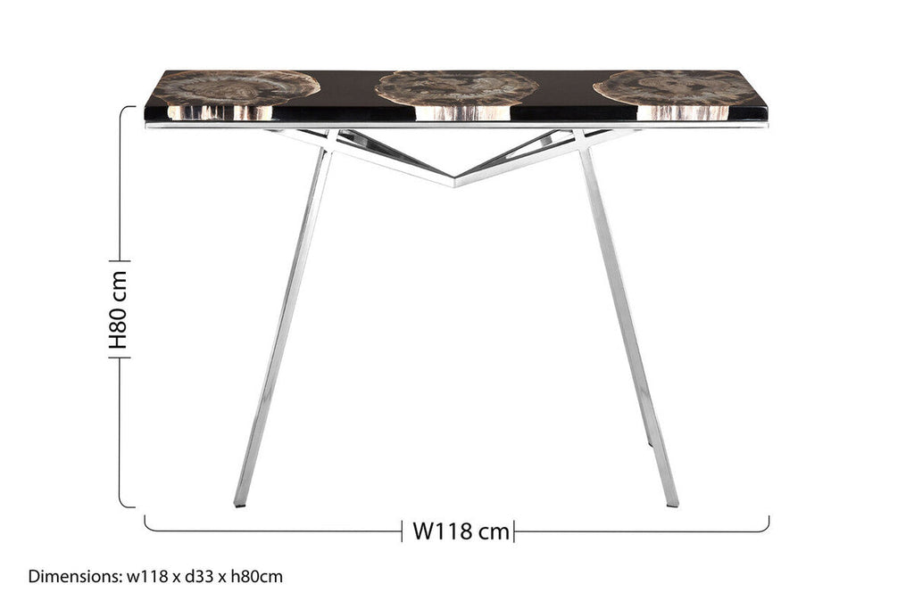 Orsina Relic Black Resin and Petrified Wood Console Table | Silver Legs