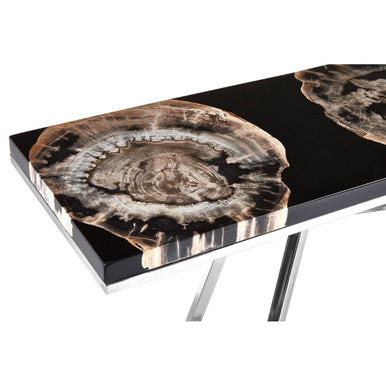 Orsina Relic Black Resin and Petrified Wood Console Table | Silver Legs