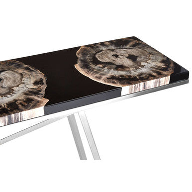 Orsina Relic Black Resin and Petrified Wood Console Table | Silver Legs