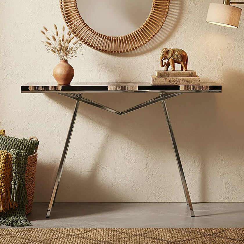 Orsina Relic Black Resin and Petrified Wood Console Table | Silver Legs