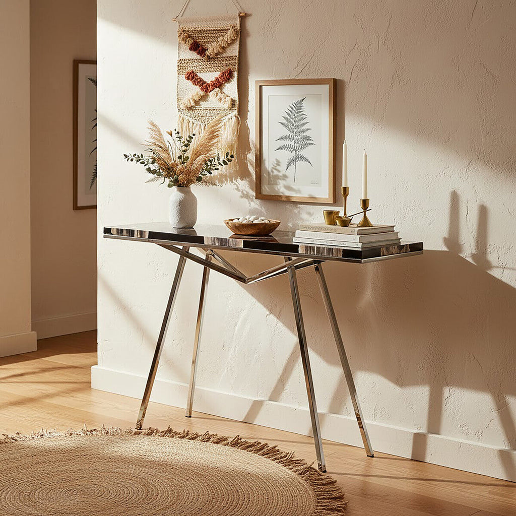 Orsina Relic Black Resin and Petrified Wood Console Table | Silver Legs
