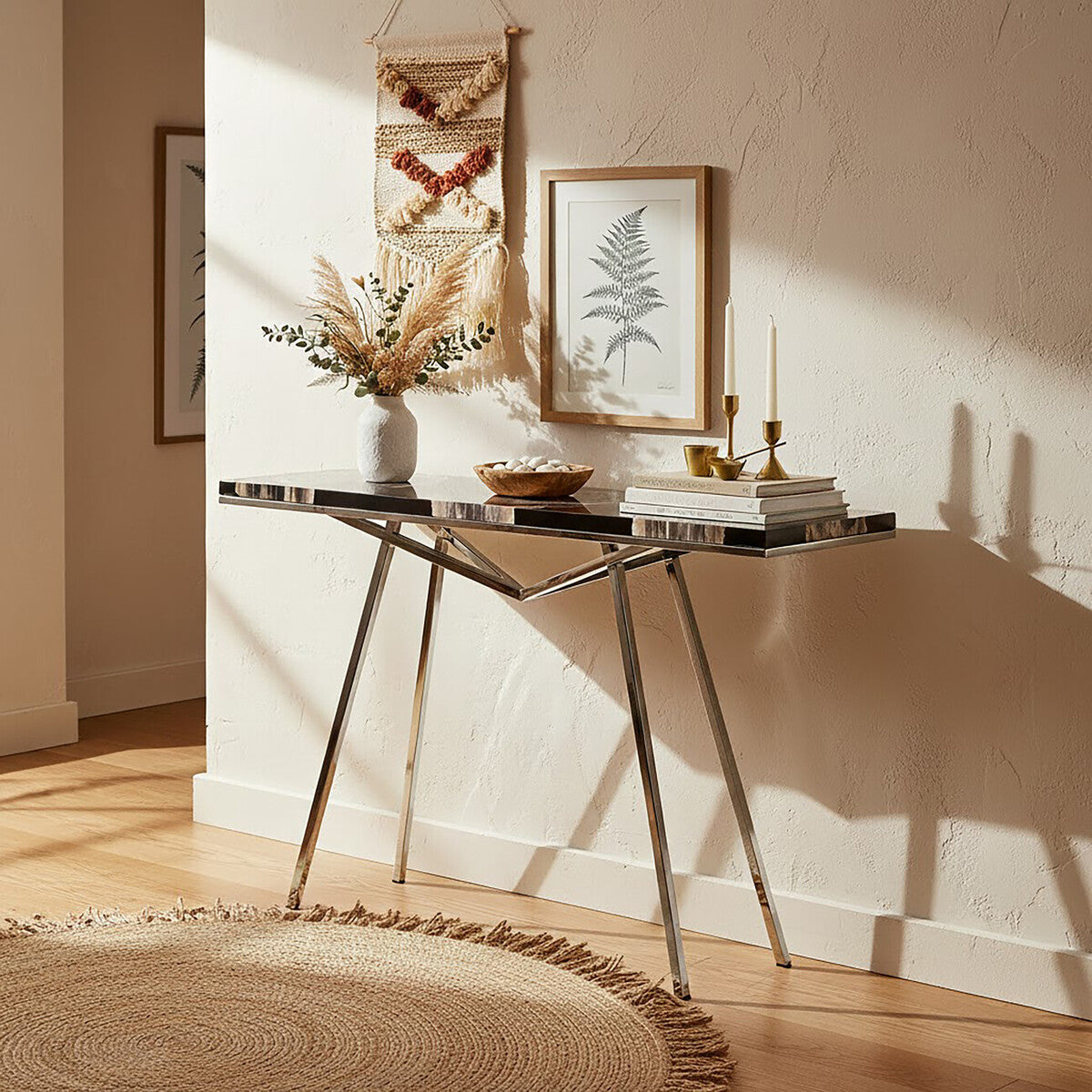 Orsina Relic Black Resin and Petrified Wood Console Table | Silver Legs