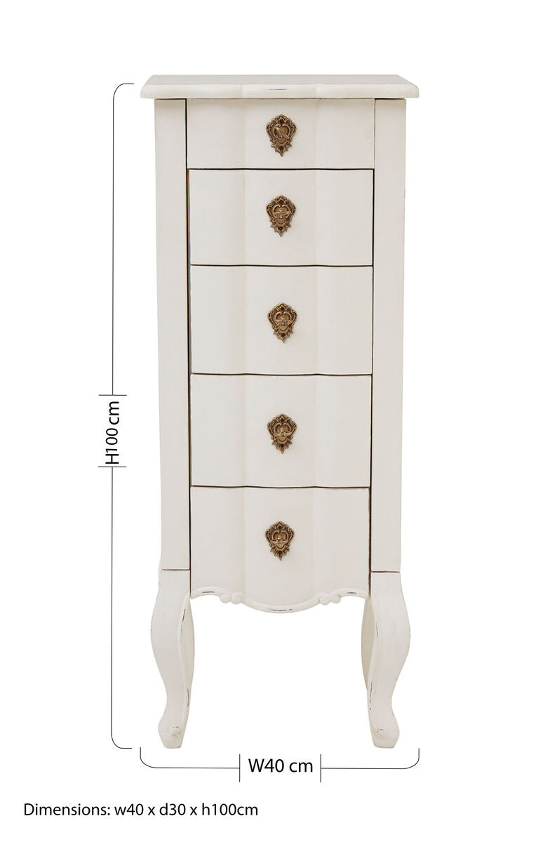 Orsina Loire 5 Drawer Small White Chest – Distressed Bayur Wood