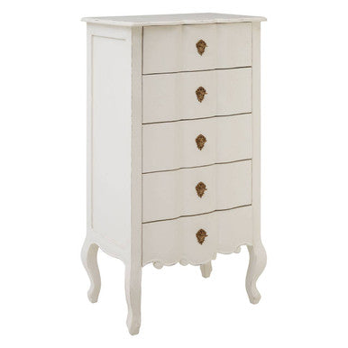 Orsina Loire 5 Drawer White Chest – Distressed Wood Bedroom Dresser