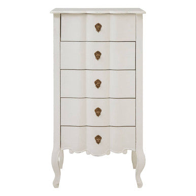 Orsina Loire 5 Drawer White Chest – Distressed Wood Bedroom Dresser