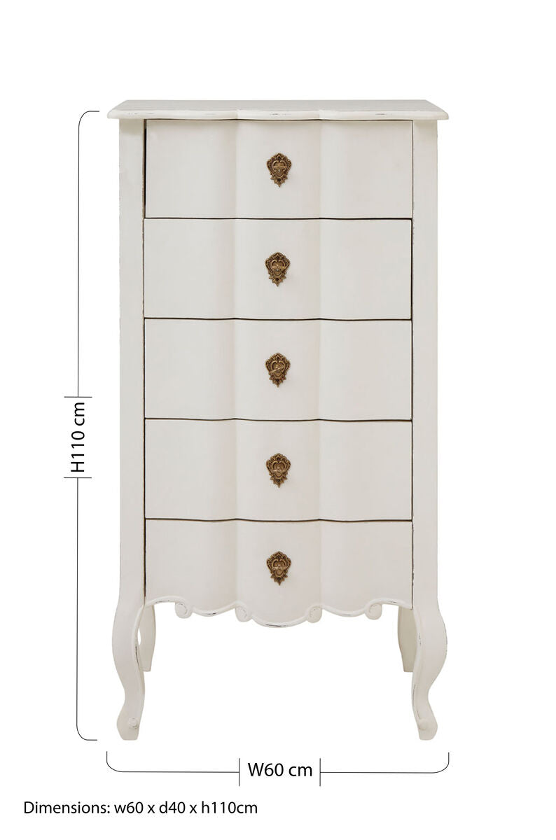 Orsina Loire 5 Drawer White Chest – Distressed Wood Bedroom Dresser