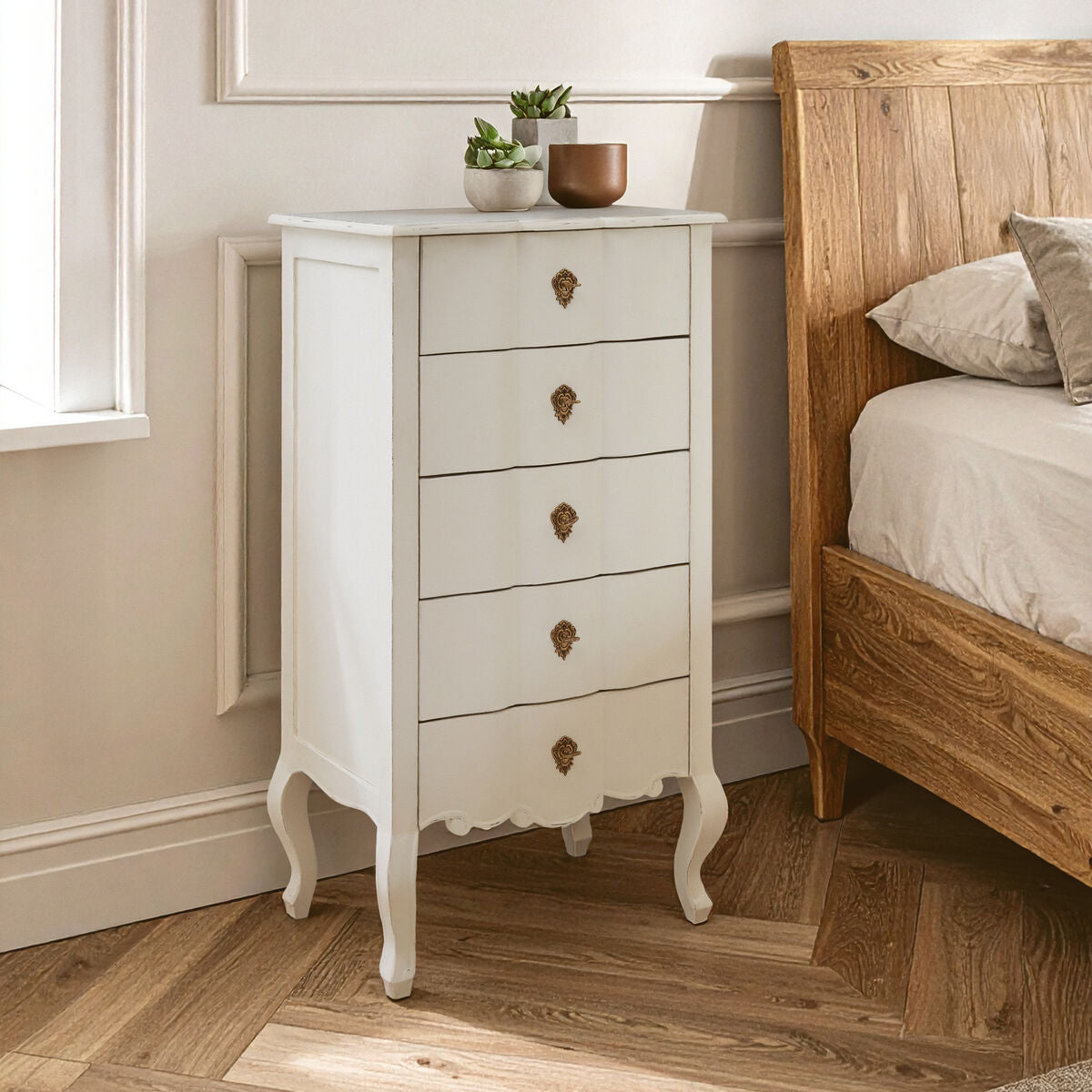 Orsina Loire 5 Drawer White Chest – Distressed Wood Bedroom Dresser